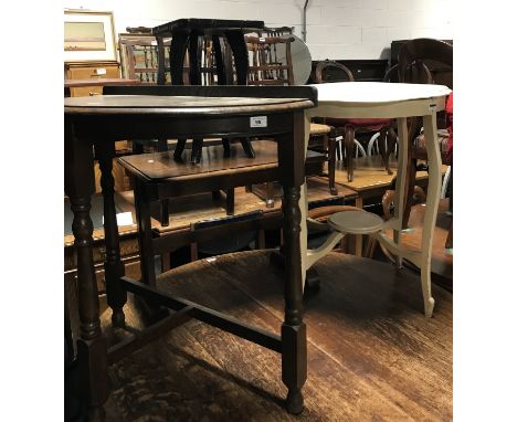 A 20th century oak demi-lune hall table on three turned supports and cross-stretcher, a small ebonised Oriental jardinière st