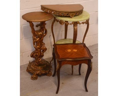 A contemporary gilt wood and plaster cherubic-form hall table, height 80cm, a reproduction inlaid kingwood lamp table, height