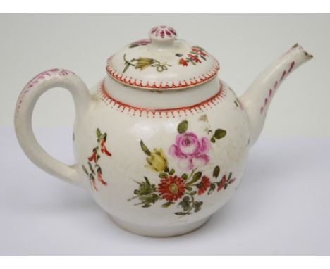 A c1760 Bow teapot hand-painted in enamels with flora, width 18.5cm. CONDITION REPORT Chips to the lid and end of teapot spou