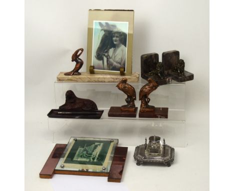 A small Art Deco collectors' lot to include a picture frame with marble base and toucan decoration to the side, a picture fra