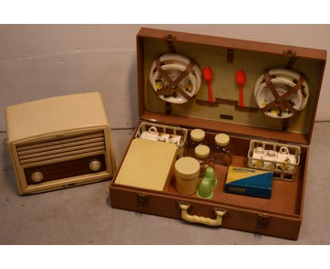 A Brexton hard shell picnic hamper with contents and a vintage Bosch valve radio (2).