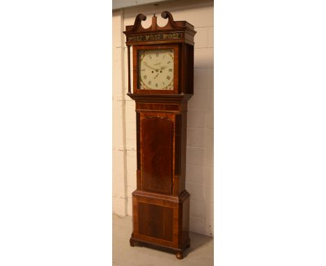 A mid-19th century mahogany longcase clock, broken swan-neck pediment over floral-painted metal dial set with Roman numerals,