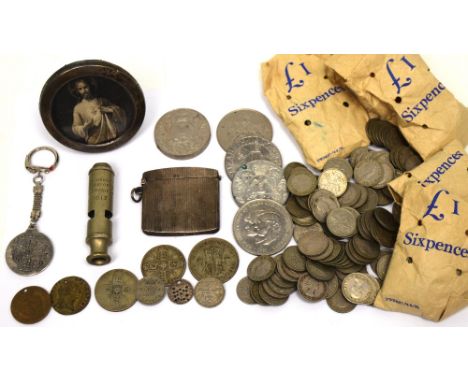 A cased Sheaffer ballpoint pen, a small hallmarked silver circular photograph frame, marks rubbed, a small quantity of coins 