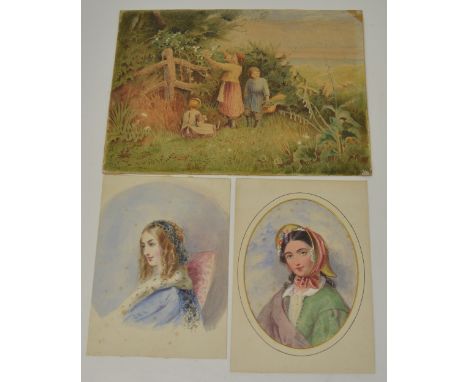 A 19th century oval watercolour portrait, signed Anne Hunt verso, another watercolour portrait of a female and a watercolour 