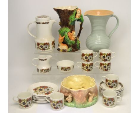 A Langley ware pale aqua ribbed jug, height approx 29cm, a Hornsea woodland jug with deer and squirrel decoration, a Sylvac b