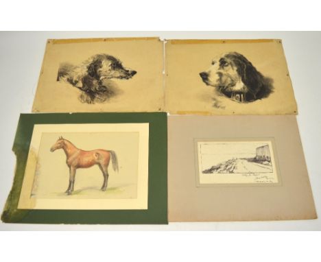 Two drawings of dogs, a watercolour of a horse and an ink drawing 'Greetings from Tangier' signed James Helby (4).