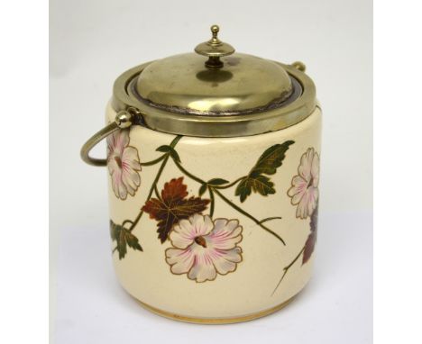 Macintyre; an early 20th century ceramic biscuit barrel with silver-plated rim, handle and cover, painted with floral design 