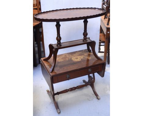 A reproduction inlaid mahogany oval side table, 55 x 74cm and a reproduction mahogany drop-leaf sofa table of small proportio