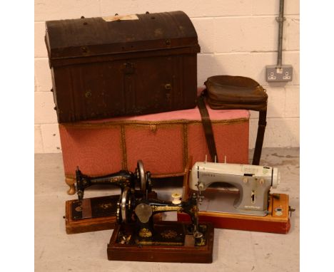 Two cased Singer sewing machines, a Jones example, a metal domed-top trunk, a pink painted chest and a leather side bag (6).
