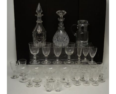 A Victorian cut glass decanter and stopper, a set of six Edwardian etched champagne coupes and various Victorian and later cu