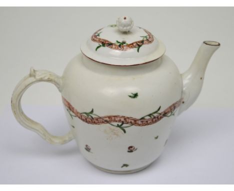 A rare c1772 Bristol teapot and cover hand-painted in enamels with ribbon and floral decoration, width 18cm. CONDITION REPORT