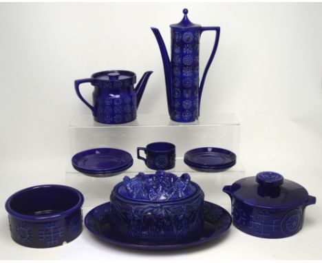 A Portmeirion game pie oven dish with cover in cobalt blue and tableware by Susan William- Ellis for Portmeirion pottery to i