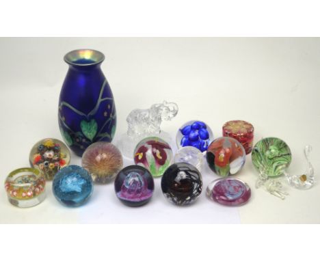 Paperweights to include Caithness 'Bewitched' 469/750, Caithness 'Cauldron' and others together with an Okra art glass vase e