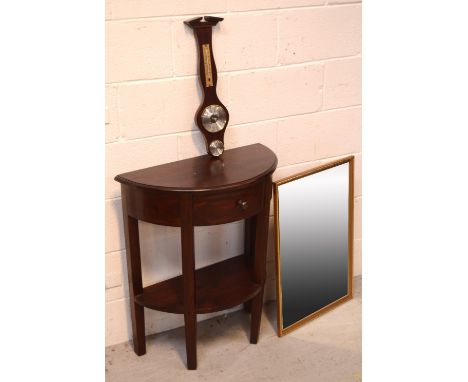 A modern fruitwood demi-lune single-drawer hall table, height 71cm, a Weathermaster modern mahogany barometer and a rectangul