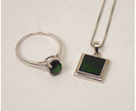 A 14ct white gold dress ring with a faceted ammolite oval stone, size M, with certificate and a silver box chain with square 