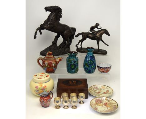 Two West German blue ground vases, a Japanese teapot, a Coronet ginger jar, an inlaid box, a cased set of small plated goblet