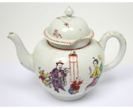 A c1790 Liverpool teapot hand-painted with figures in the Oriental style, attributed to the Phillip Christian factory, width 