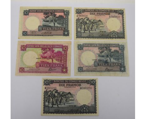 Congo, Banque Nationale du Congo; 10 francs note, dark pink and green, 10 January 1943, V876826; also four further 10 francs 