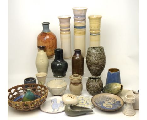 Two boxes of various studio ceramics to include vases, bowls, candlestick etc (2).