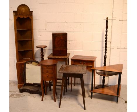 An open-front inlaid corner cupboard, an oak jardinière stand with barleytwist column, a square oak side table with barleytwi