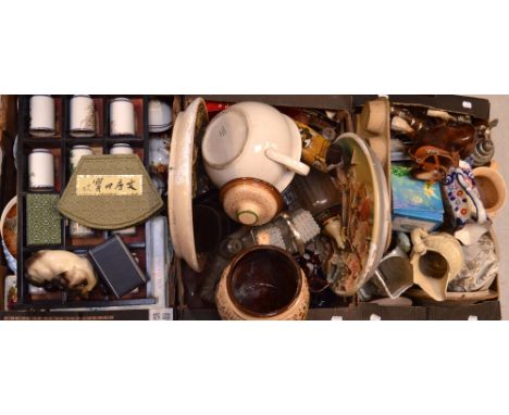 A large selection of decorative 20th century ceramics and glass to include a set of reproduction Japanese sake cups, a set of