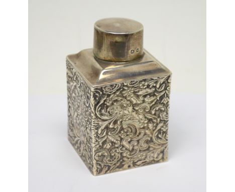 A Victorian hallmarked silver square-form tea caddy with cover, repoussé-decorated with floral designs, Cooper Bros & Sons, B