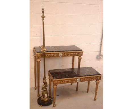 A contemporary gilt wood console table with porcelain panels and marble top, length 81cm (af), a matching rectangular coffee 