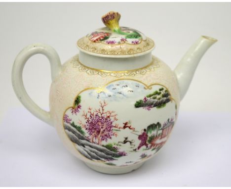 A c1770 Worcester teapot and cover hand-painted in 'Stag Hunt' pattern with cream and pink raised enamel, diameter 18cm. COND