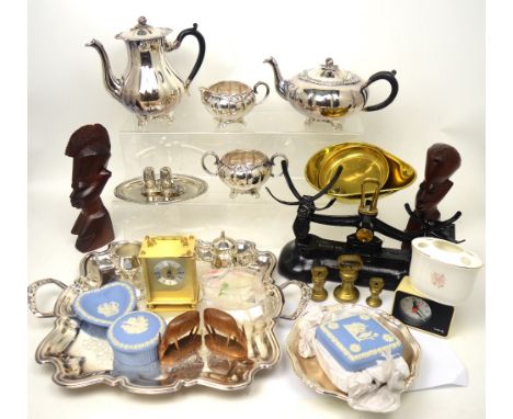 A quantity of plated ware to include a tray and tea service, Wedgwood blue Jasperware pin dishes and pots, carved African hea