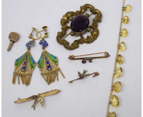 A 9ct gold and seed pearl bar brooch, a yellow gold seed pearl and amethyst bar brooch, a pair of Continental enamel filigree