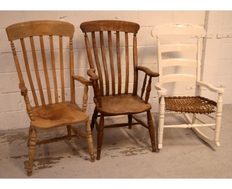 A white-painted ladder-back rocking chair, two oak slat-back armchairs on turned supports (af) and a smaller pine example (4)