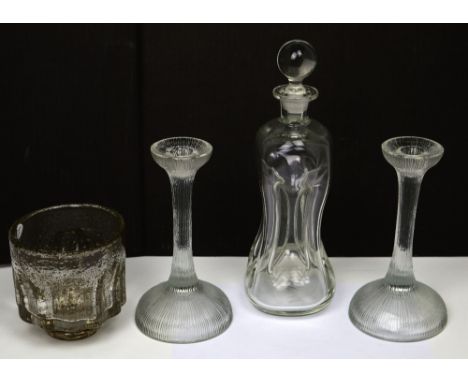 Attributed to Pukeberg; a pair of Scandinavian clear glass candlesticks, height 22cm, attributed to Kosta Boda; a clear blown