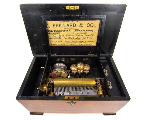 A Late 19th century Paillard &amp; Co, drum and bell music box. Featuring a 23.5cm cylinder playing ten airs, stop/start and 