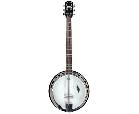 A Fender Rustler six string electro acoustic banjo. A closed back resonator banjo guitar. Includes two packs of Pyramid banjo