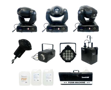 Stage and Lighting equipment. Comprising four iSolution iMove moving head lights, a QTX LED Mushroom light, a Chauvet Sllimpa