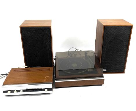 Wharfedale 'Linton' speakers, amp and turntable. Turntable is untested but very clean and tidy, 17W/14603A; Speakers cones in