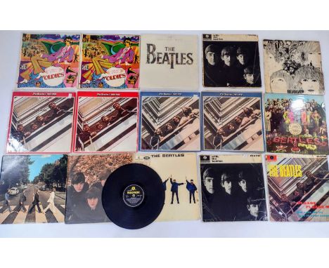 THE BEATLES - Sixteen 12" albums and anthologies. 'Please Please Me,' PMC 1202, fair cover with tape residue, ink inscription