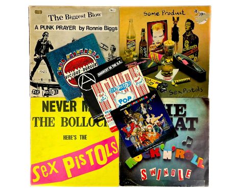 Sex Pistols. Four 12" long players and four 7" singles. 'Never Mind the Bollocks,' V 2086, some light soiling to sleeve, vg d