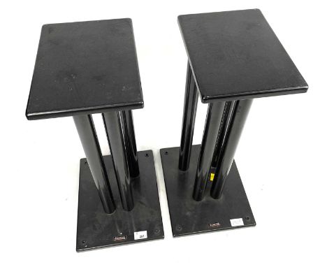 A pair of Dynaudio speaker stands. Heavy-duty metal bookshelf speaker stands.Height 60cm, width of top 19cm, depth of top 25.