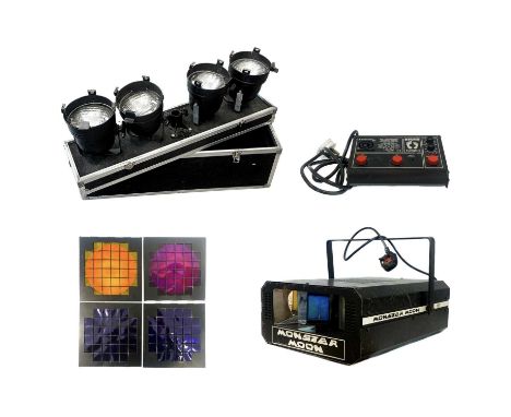Stage lighting. Four PAR 56 stage light boxes with a heavy-duty flight case and a Ryger Footlight 4 control panel, together w