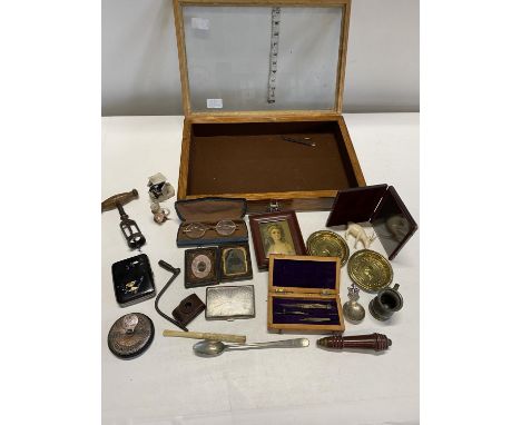 A vintage glazed display cabinet 41x27cm and contents of collectables including antique corkscrew etc, shipping unavailable 