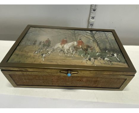 A bronze and wooden hunting themed box with a hand painted lid 23x14cm 