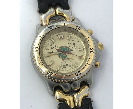 Gentlemens Tag Heuer stainless steel chronograph wristwatch, quartz movement with gold dial, central arabic script 37mm case 