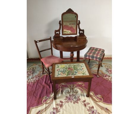 Small Victorian demi lune  dressing table with decorative mirror above 90 W cm, dressing table stool &amp; a painted pine  be