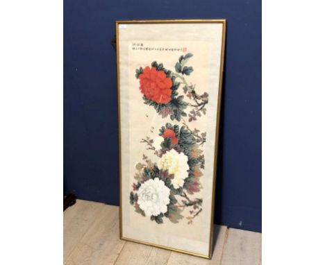 Chinese scroll depicting red &amp; white flowers framed &amp; glazed 48 x 112 cm 
