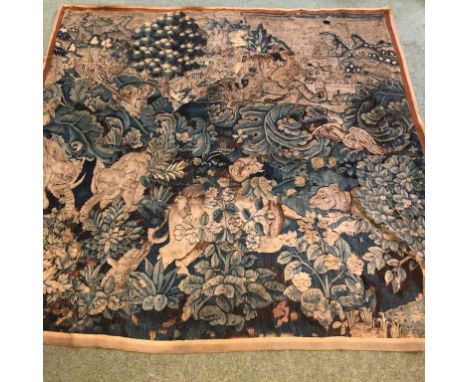 Antique tapestry wall hanging, depicting elephants, birds and foliage in a Bavarian style landscape, 205 cm square (worn)