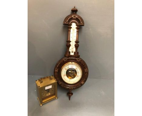 Small  banjo barometer 54 cm with barometer below a mercury thermometer &amp; small quartz clock 