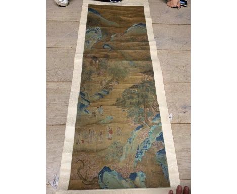 Chinese C18th/19th watercolour scroll, scholars in landscape 190x52 
