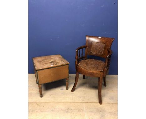 Oak captains chair with wicker seat &amp; back panel &amp; pine box commode 