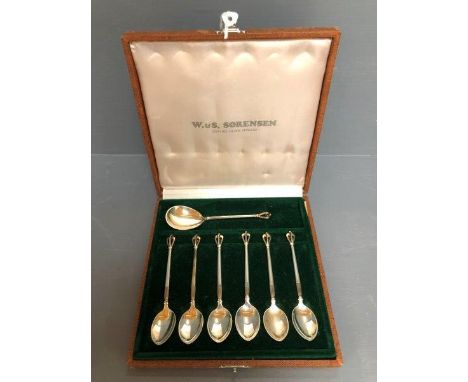 Danish sterling silver set of 6 teaspoons &amp; a caddy spoon by W&amp;S Sorensen in fitted box 